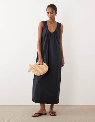Asos Design Ruched Plunge Barrel Midi Dress In Blue
