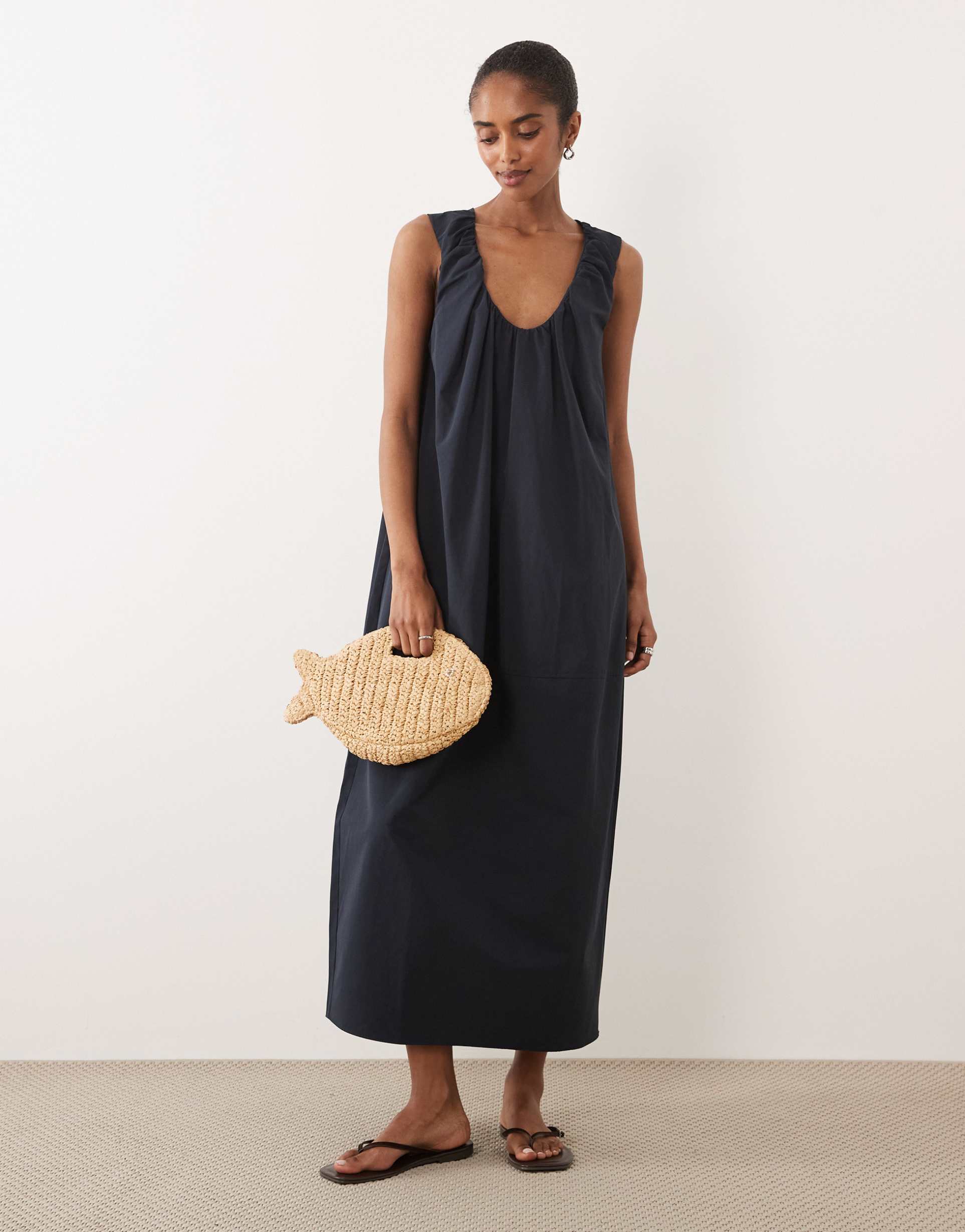 asos design ruched plunge barrel midi dress in navy