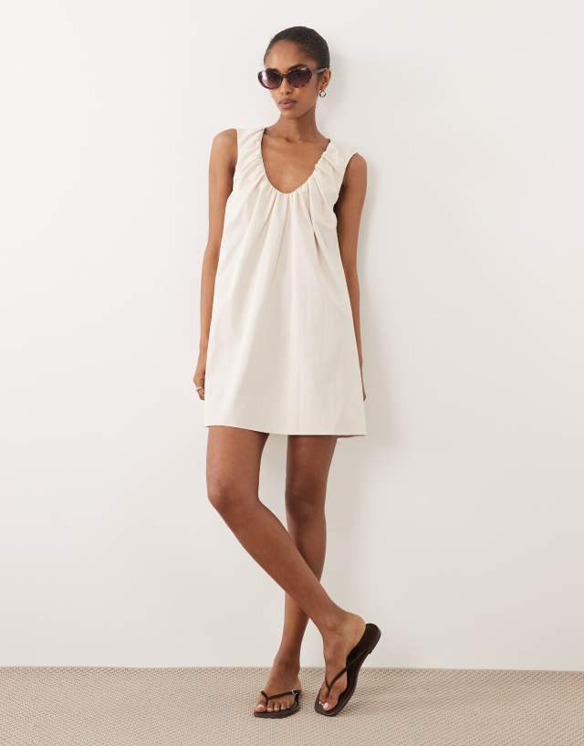 asos design ruched bodycon mini dress plunge barrel in stone Crafted from a comfortable