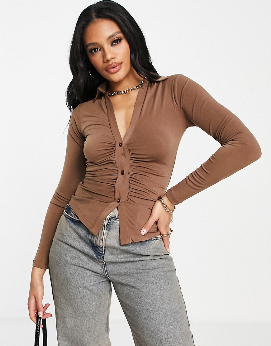 ASOS DESIGN ruched plunge shirt in slinky in brown