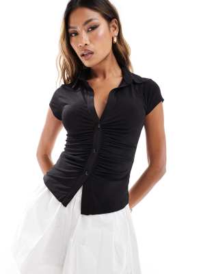 Asos Design Ruched Plunge Short Sleeve Shirt In Slinky In Black