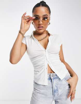 ASOS DESIGN ruched plunge short sleeve shirt in slinky in white