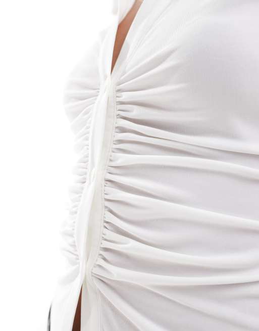 white plunge ruched shirt dress Plunge Neck White Dress