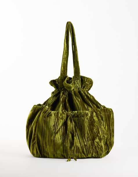 ASOS DESIGN ruched pocket tote bag in green velvet - view 1