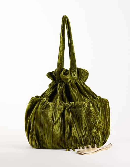 ASOS DESIGN ruched pocket tote bag in green velvet, 2 of 4