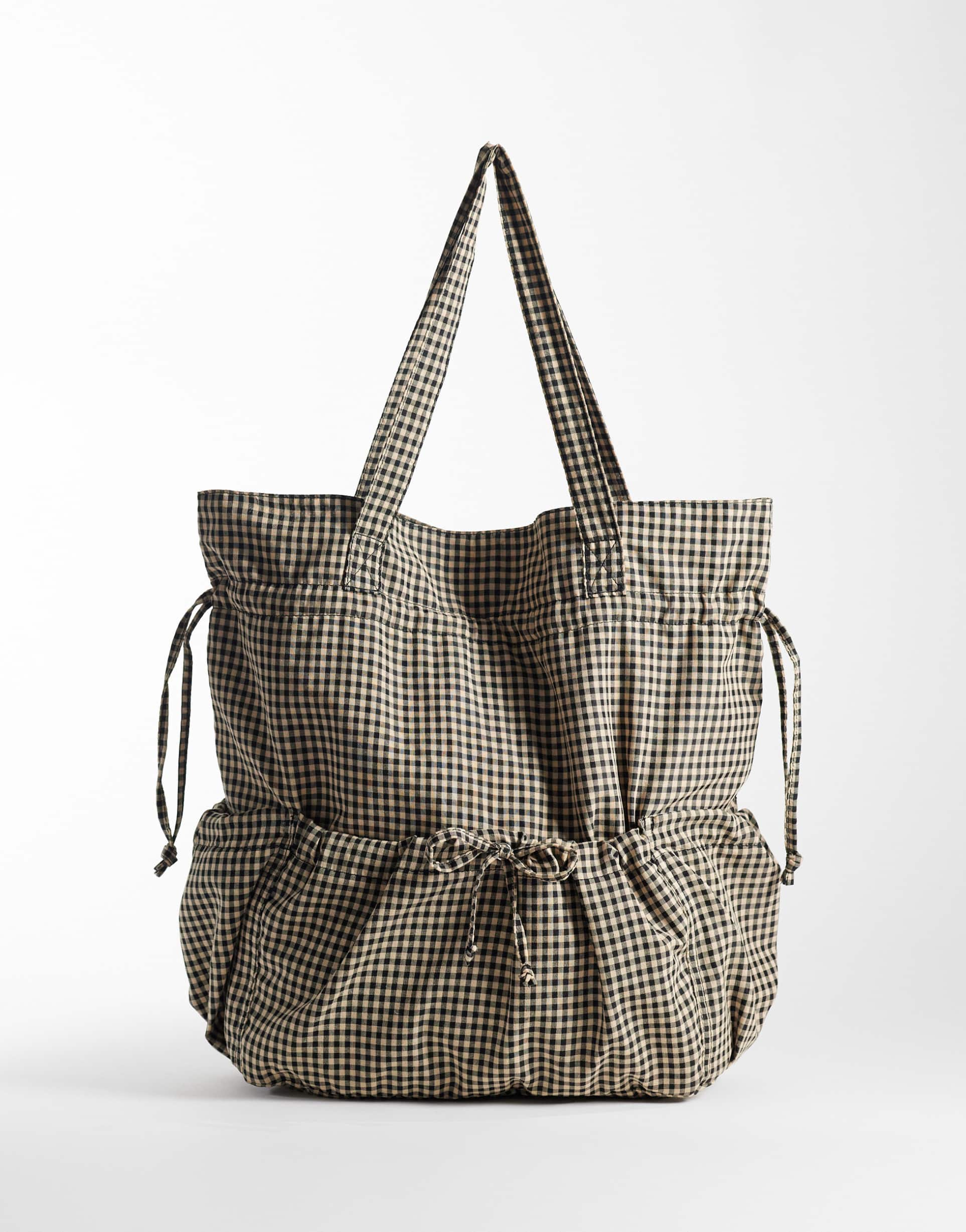 asos design ruched pocket tote bag in mono gingham