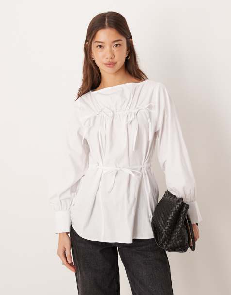 ASOS DESIGN ruched poplin tie front blouse in white - view 1