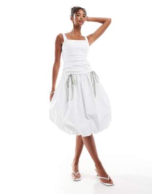 Asos Design Ruched Puff Hem Midi Dress With Green Satin Bow Details In White