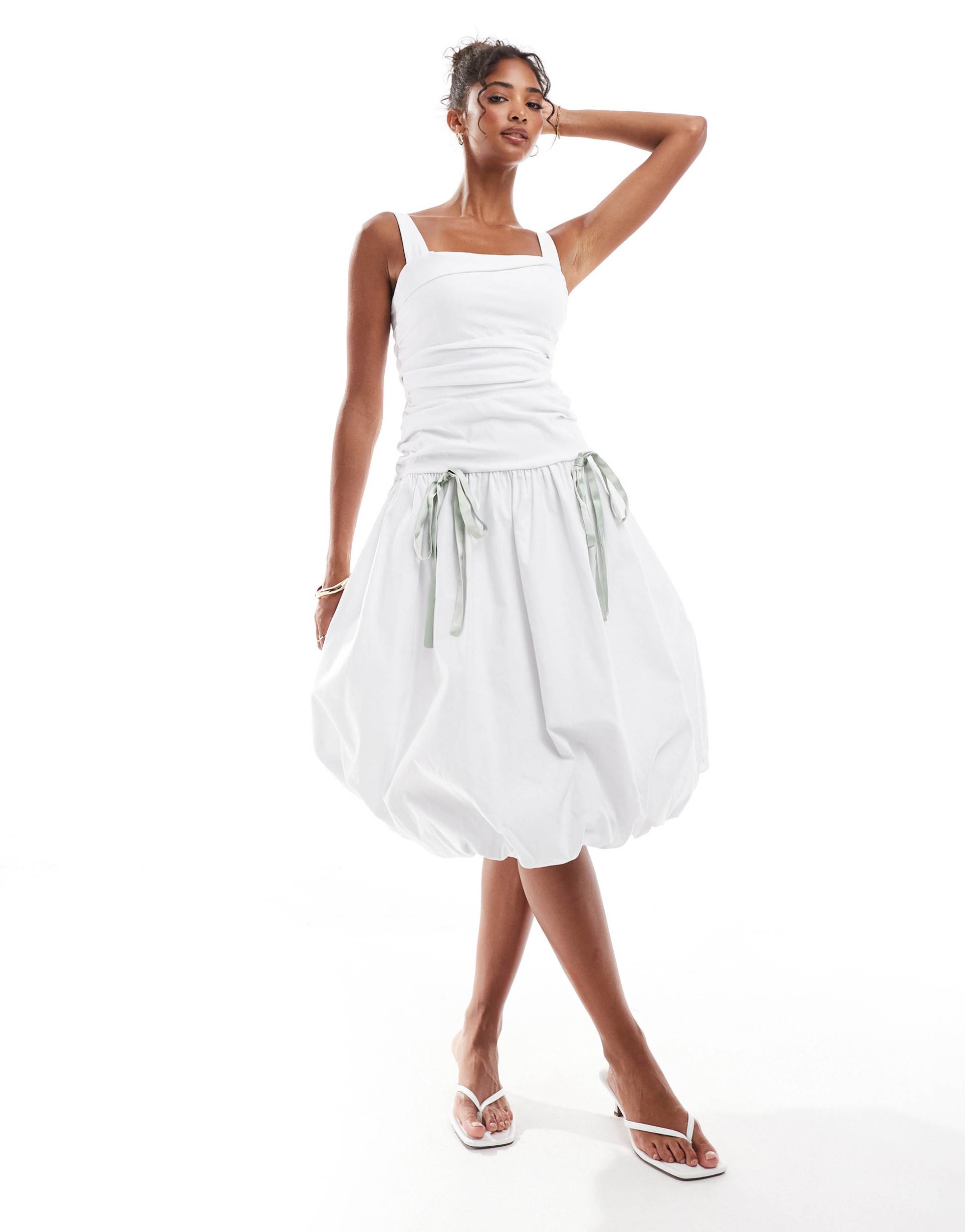 asos design ruched puff hem midi dress with green satin bow details in white