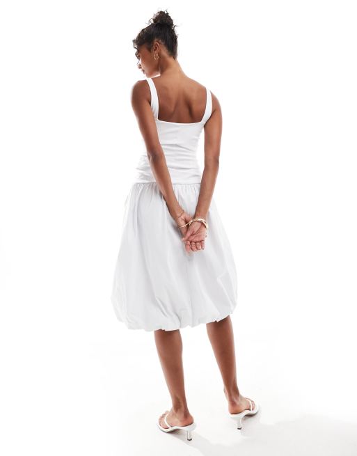 ASOS DESIGN ruched puff hem midi dress with green satin bow details in white, 2 of 4