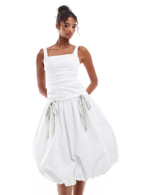 ASOS DESIGN ruched puff hem midi dress with green satin bow details in white, 3 of 4