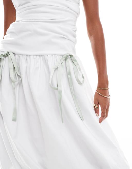ASOS DESIGN ruched puff hem midi dress with green satin bow details in white, 4 of 4
