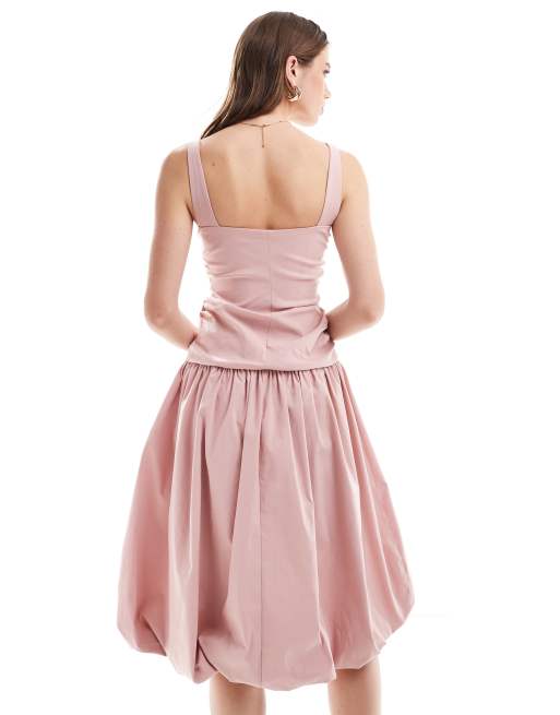 ASOS DESIGN ruched puff hem midi dress with satin bow details in light pink