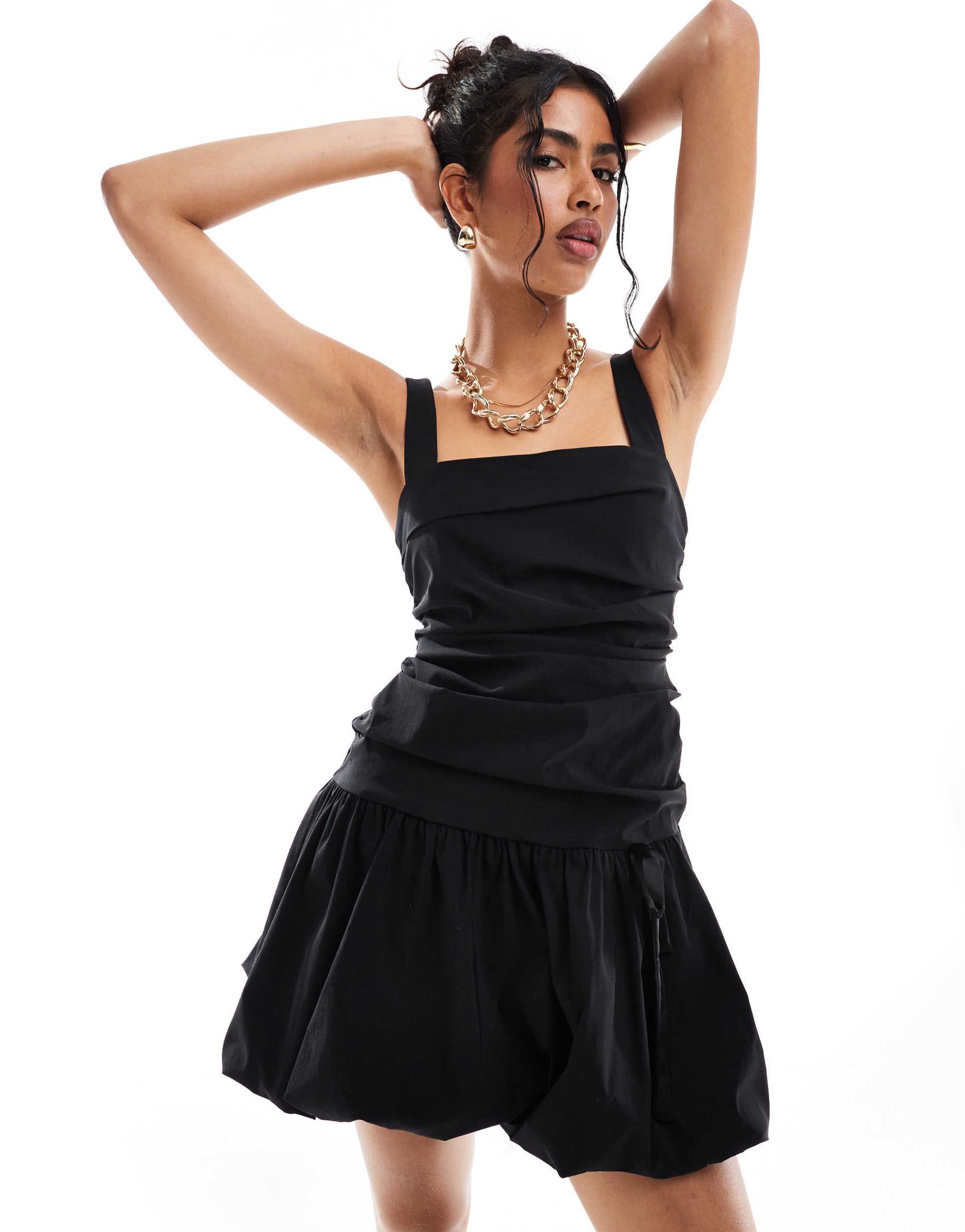 asos design ruched puff hem mini dress with satin bow detail in black