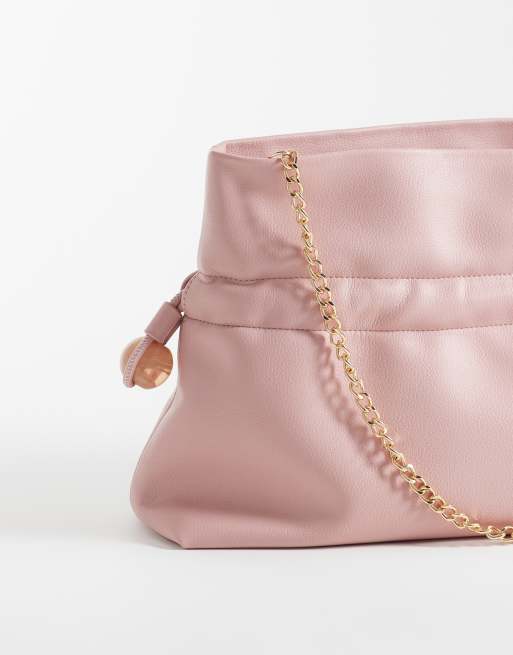 ASOS DESIGN ruched resin ball pouch clutch bag with detachable shoulder strap in light pink, 3 of 4