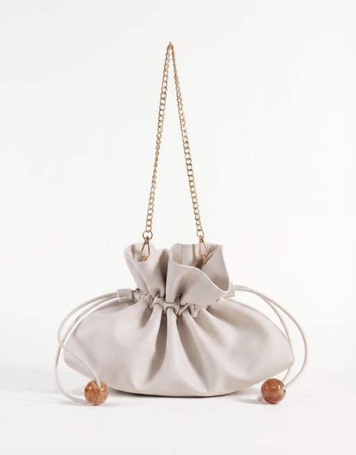 ASOS DESIGN ruched resin ball pouch clutch bag with detachable shoulder strap in stone, 5 of 8