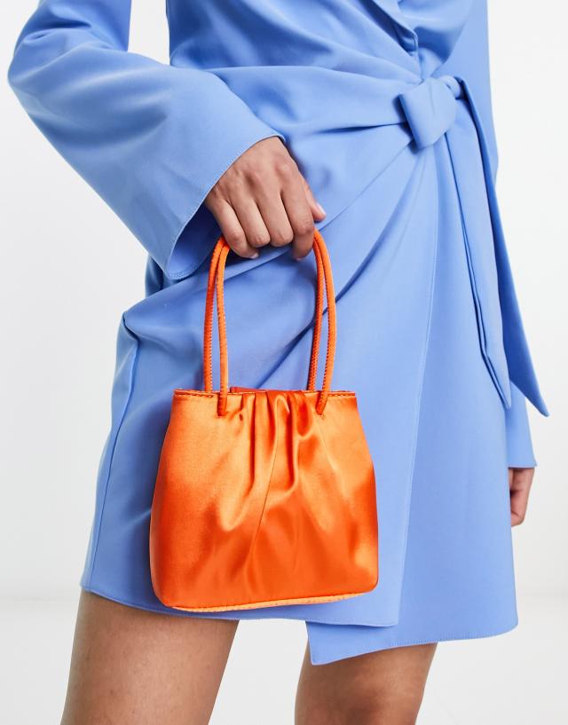 ASOS DESIGN ruched satin clutch bag in orange