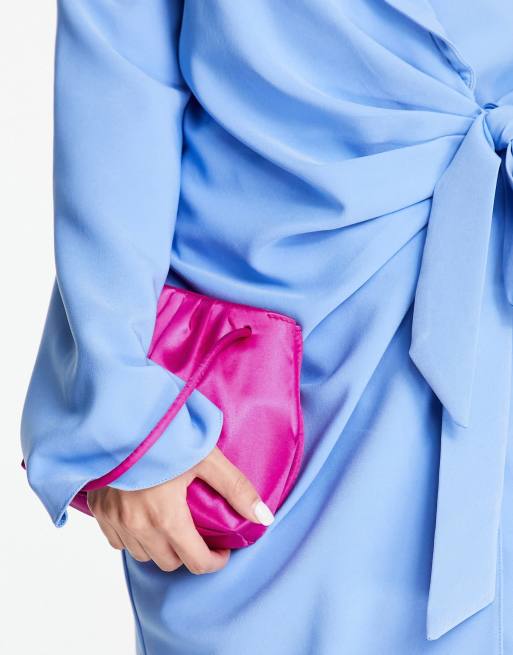  ASOS DESIGN ruched satin clutch bag with detachable crossbody strap in bright pink, 3 of 4