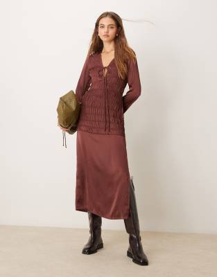 ruched satin midi dress with tie front detail in chocolate brown