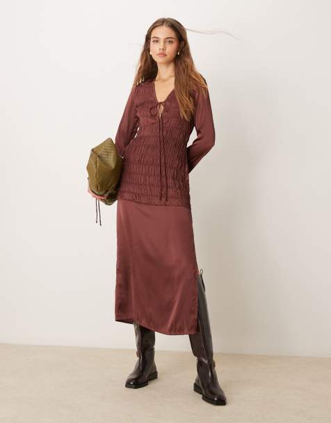 ASOS DESIGN ruched satin midi dress with tie front detail in chocolate brown - view 1