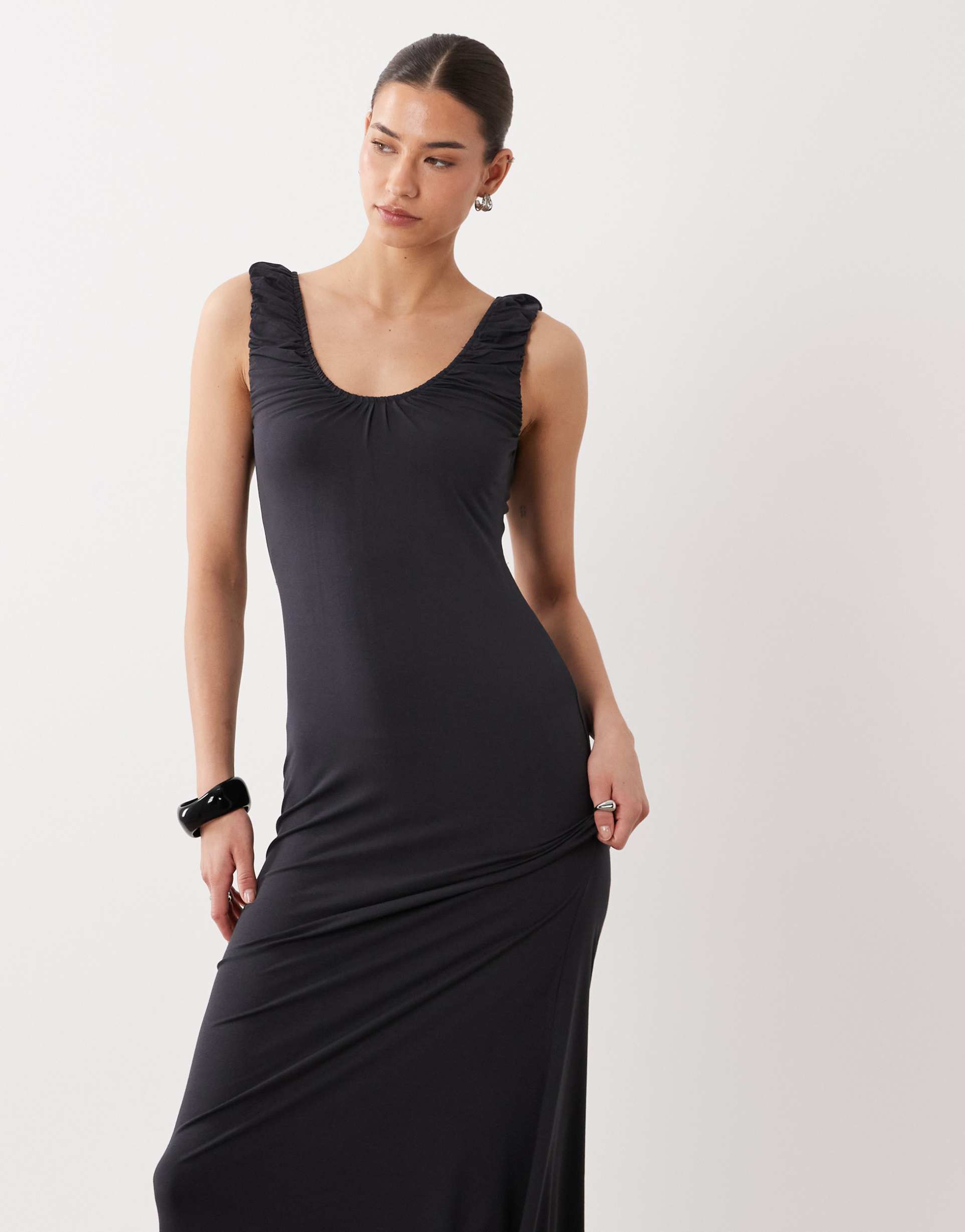 asos design ruched scoop neck midaxi dress in black