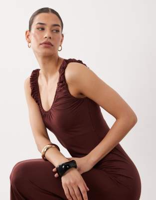 Asos Design Ruched Scoop Neck Midi Dress In Brown