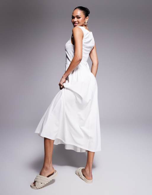 asos smock midi dress ASOS Design Ruched Scoop Smock Midi Dress in off-white