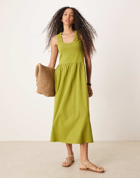 ASOS DESIGN ruched scoop smock midi dress in olive - view 1
