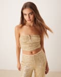 [ASOS DESIGN] ASOS DESIGN ruched sequin bandeau with trim detail in gold (part of a set) 14 Gold