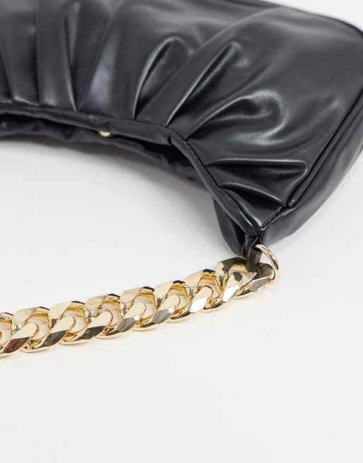 ASOS DESIGN ruched shoulder bag in black with chunky gold chain