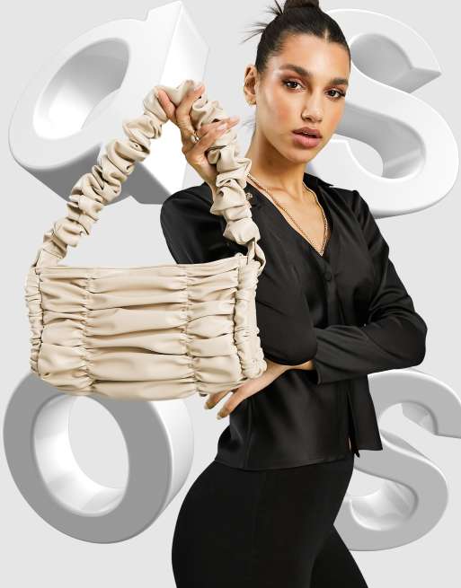 ASOS DESIGN ruched shoulder bag with ruched strap in beige