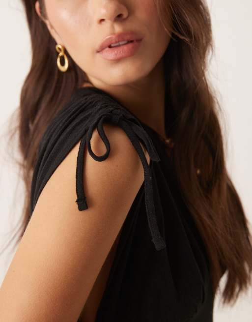 ASOS DESIGN ruched shoulder drop waist linen look midi dress in black, 4 of 4