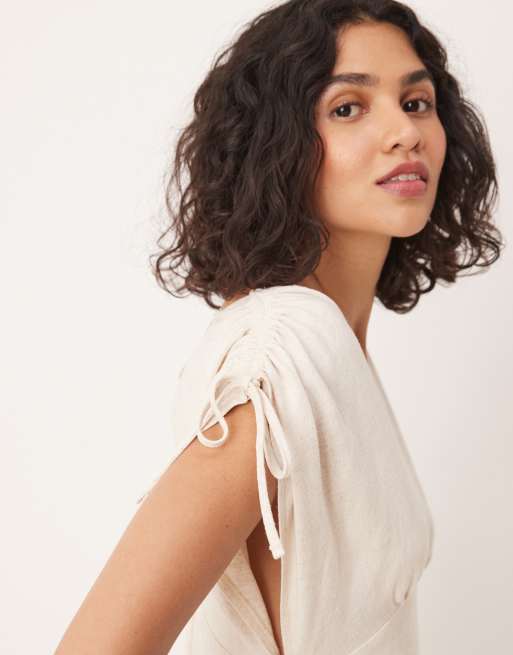 ASOS DESIGN ruched shoulder drop waist midi dress in linen oat, 3 of 4