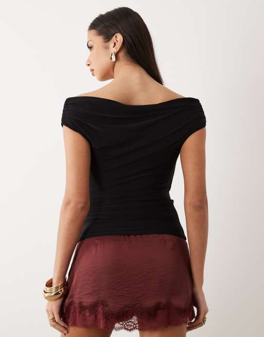 ASOS DESIGN ruched shoulder grazer top in black, 4 of 4