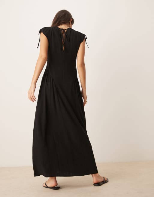 sachin and babi light blue dress ASOS DESIGN ruched shoulders dropped waist linen look midi dress in black