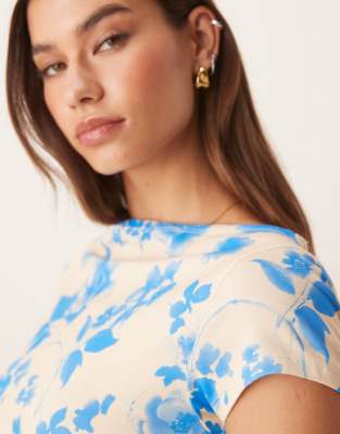 Asos Design Ruched Side Asymmetric Boat Neck T-shirt In Blue