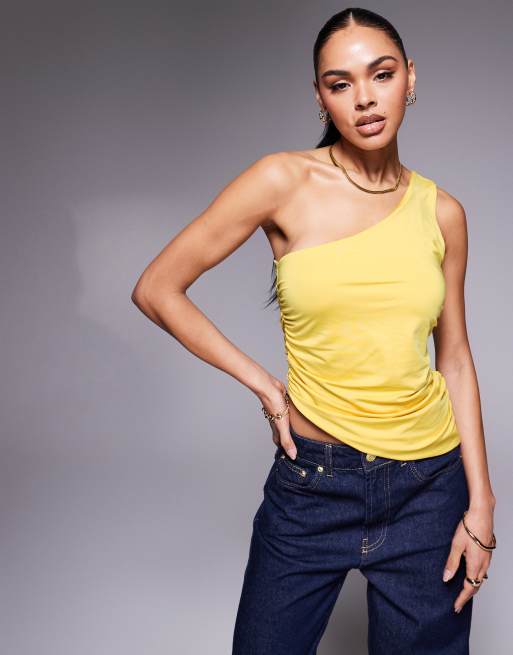 ASOS DESIGN ruched side asymmetric hem double strap one shoulder top in slinky in yellow - YELLOW