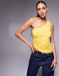 [ASOS DESIGN] ASOS DESIGN ruched side asymmetric hem double strap one shoulder top in slinky yellow L Buttermilk