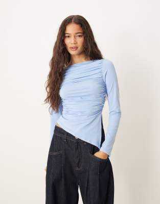 Asos Design Ruched Side Asymmetric Hem Long Sleeve Top In Blue