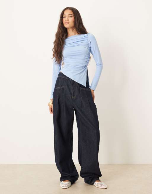 ASOS DESIGN ruched side asymmetric hem long sleeve top in baby blue | ASOS