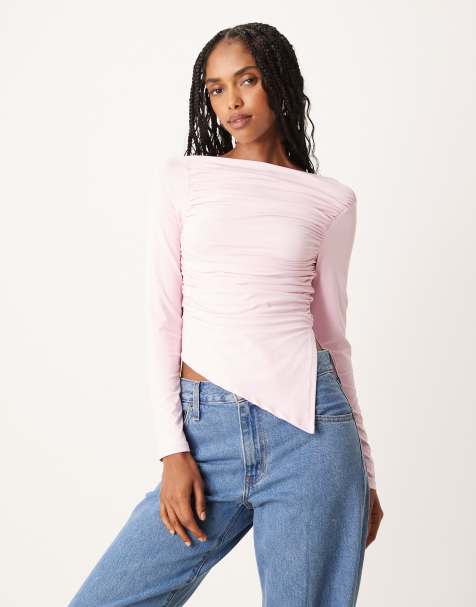 ASOS DESIGN ruched side asymmetric hem long sleeve top in pink - view 1