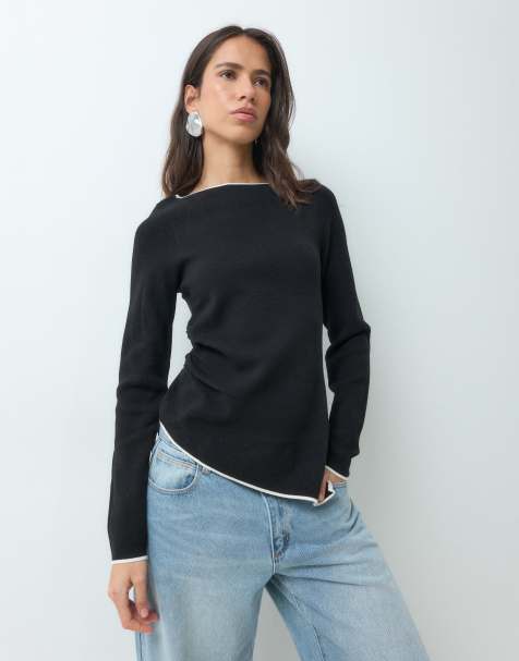 ASOS DESIGN ruched side asymmetric long sleeve t-shirt in black with white tipping