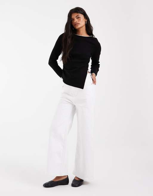 ASOS DESIGN ruched side asymmetric long sleeve t-shirt in black with white tipping, 2 of 4