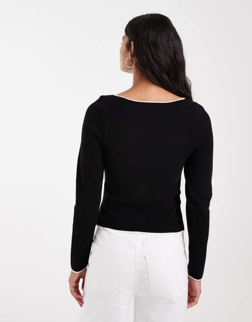 ASOS DESIGN ruched side asymmetric long sleeve t-shirt in black with white tipping, 4 of 4