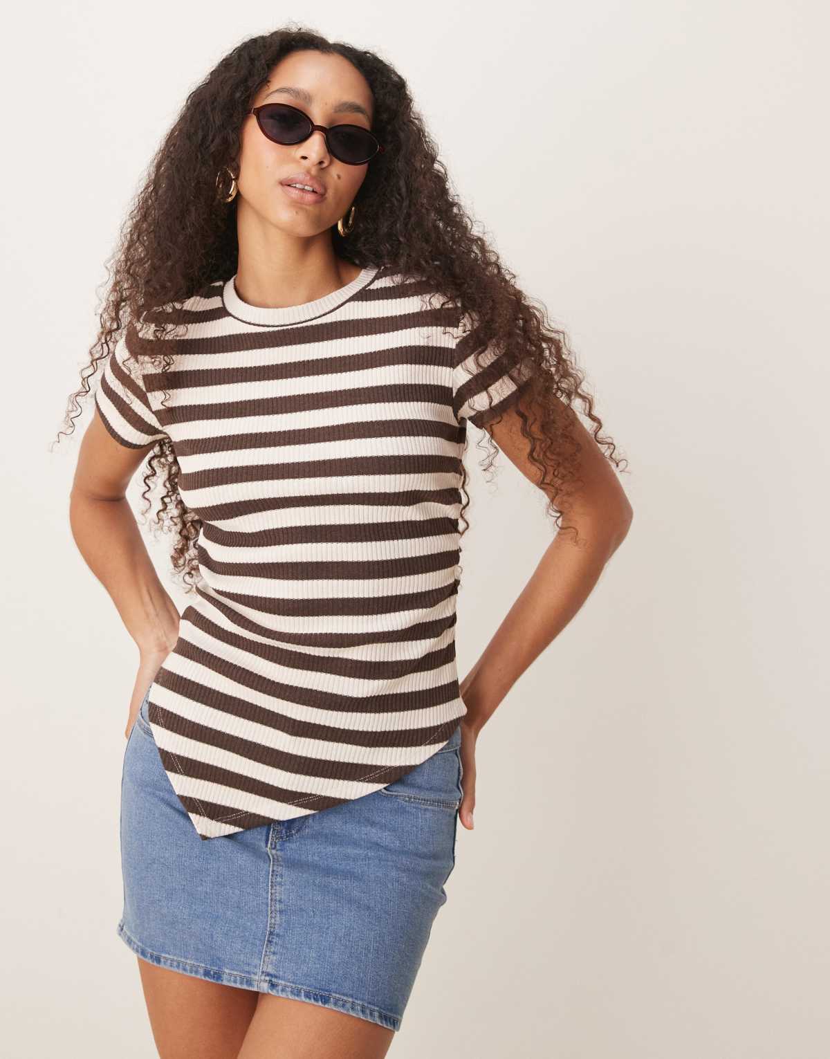 ASOS DESIGN ruched side asymmetric t-shirt in mono stripe