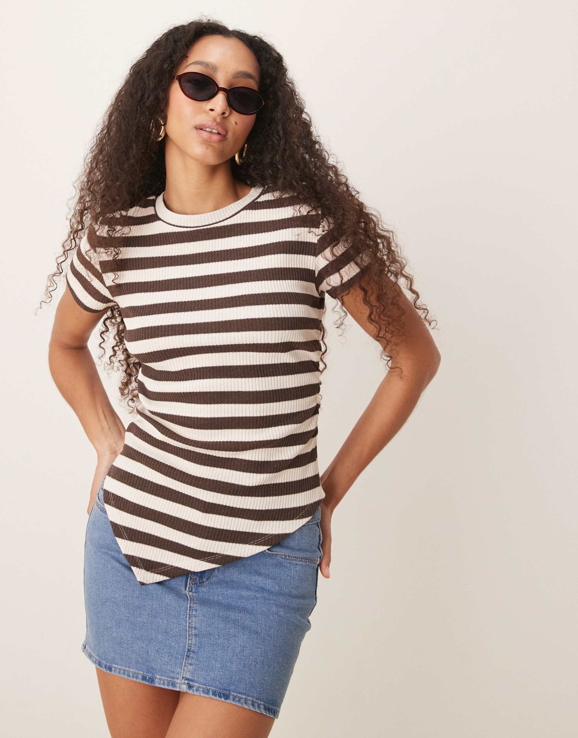 asos design ruched side asymmetric t-shirt in mono stripe