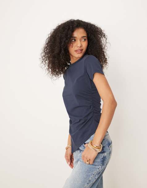 ASOS DESIGN ruched side asymmetric t-shirt in navy - view 1