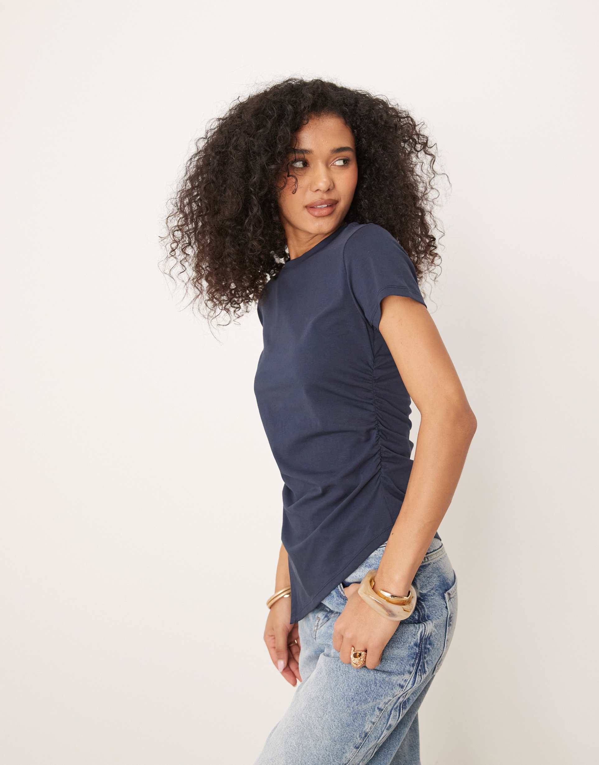 asos design ruched side asymmetric t-shirt in navy