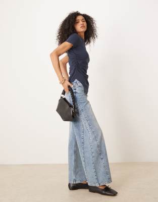Asos Design Ruched Side Asymmetric T-shirt In Navy