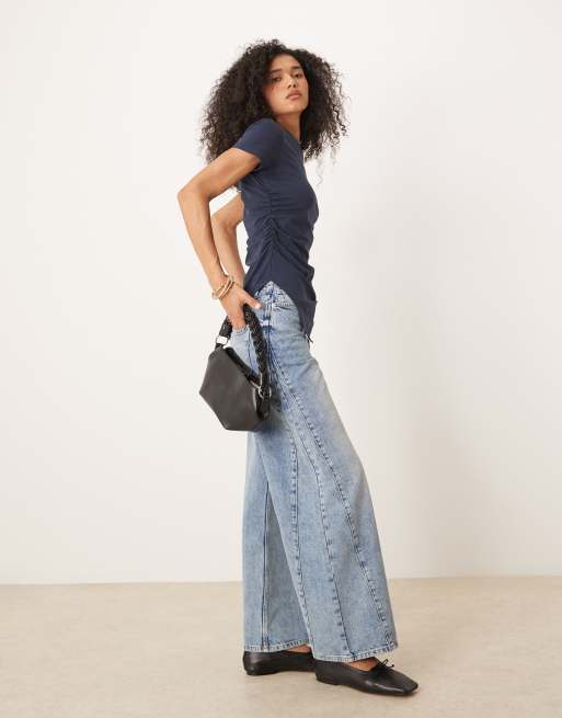 ASOS DESIGN ruched side asymmetric T-shirt in navy